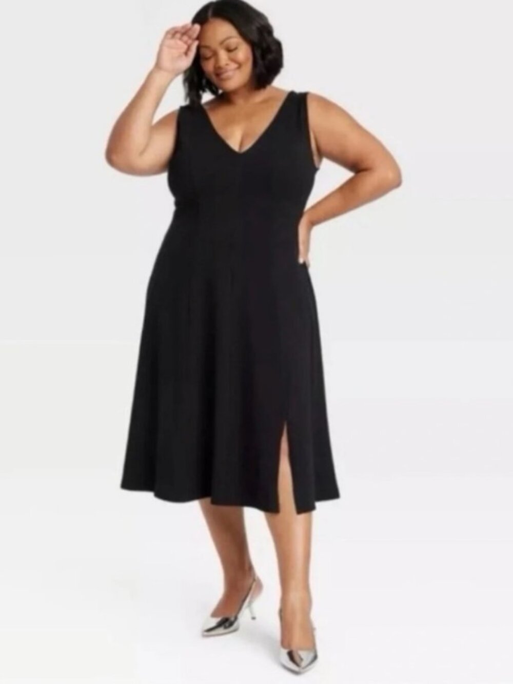 Ava & Viv Black V Neck Sleeveless Front Slit Fit Flare Cotton Midi NWT 4X